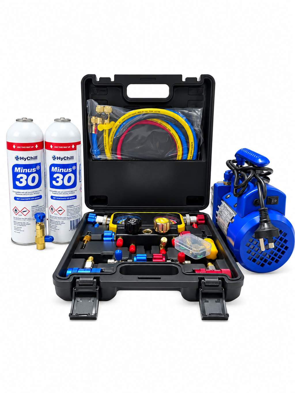 HyChill  Minus 30 - Duo 425g x 2 Cans + Tap + Manifold & Vacuum Set - R134a
