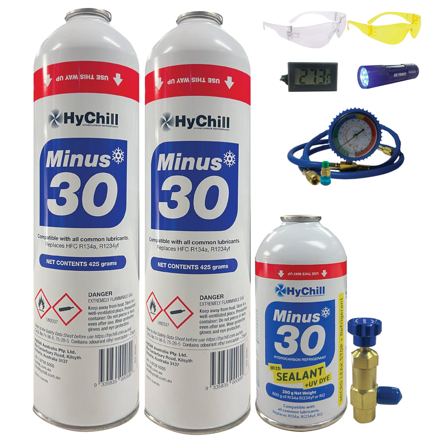 Hychill Minus30 Trio Pack with Hose & UV Kit – R134a, R12 & R1234yf Alternative